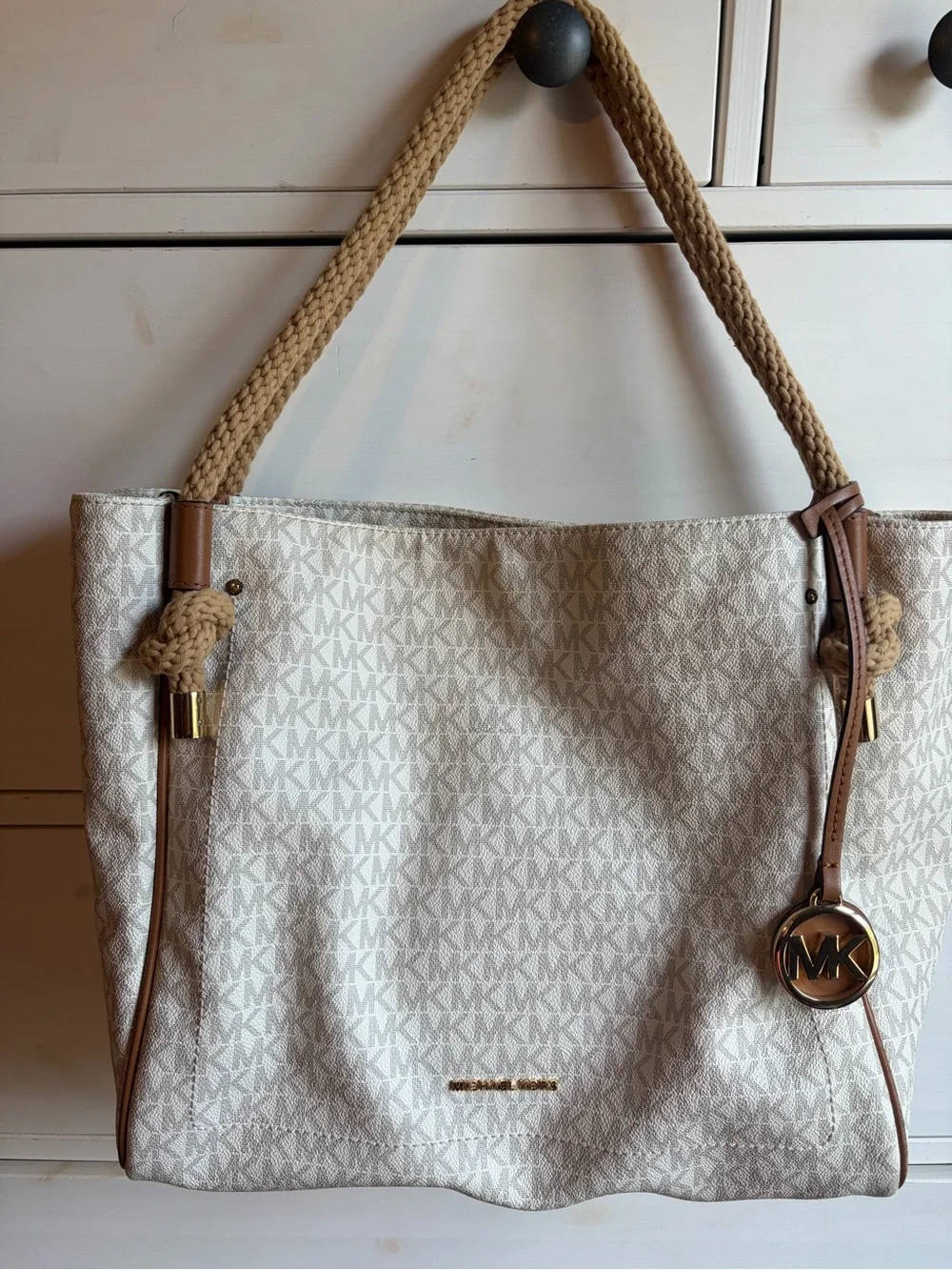 Michael Kors Cream and Tan MK Signature Rope-Handle Shoulder Bag